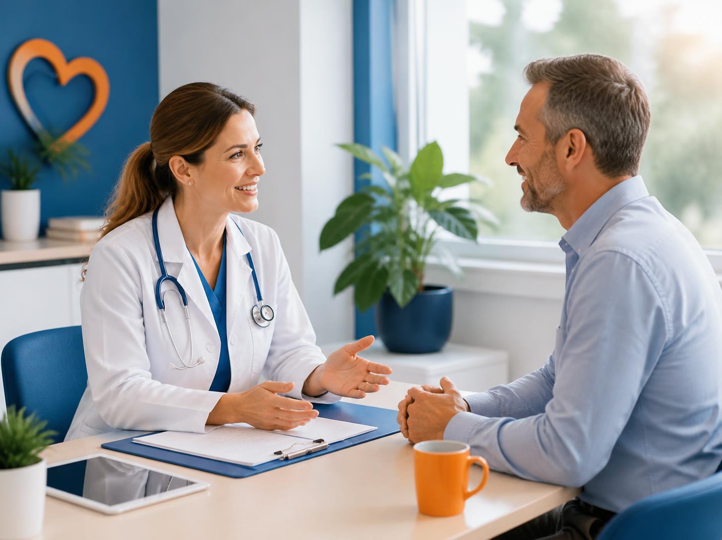Ärztin im ruhigen Gespräch mit einem Patienten in einer hellen Praxis